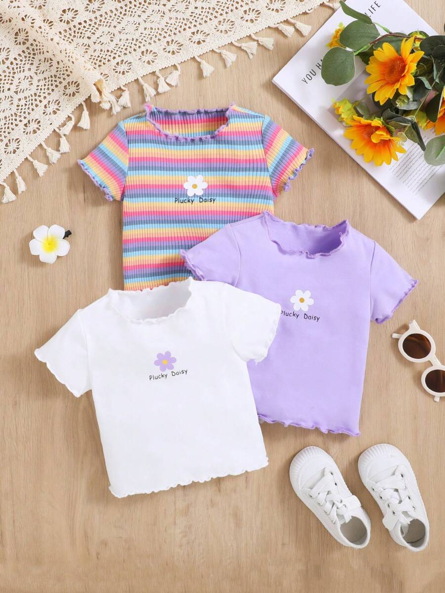 SHEIN 3pcs Baby Girl Casual Summer Striped And Flower Patterned Short Sleeve Top Set Of Three - Purple - View 1
