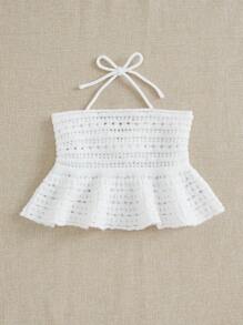 Soleia Women's Knitted Top With Ruffled Hem And Pleated Details, Hang Neck Design - White - View 2