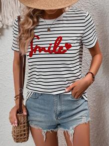 SHEIN LUNE Camiseta con estampado de rayas y letra - Blanco y Negro - Ver 4