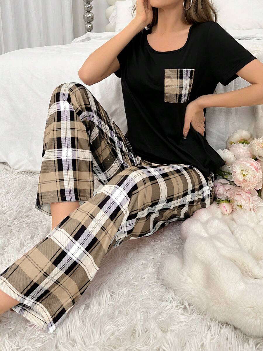 SHEIN Conjunto De Pijama Feminino Xadrez Com Camiseta E Calça - Damasco - Visão 1