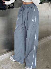 DAZY Patchwork Side Split Elastic Waist Wide Leg Pants - Baby Blue - View 3