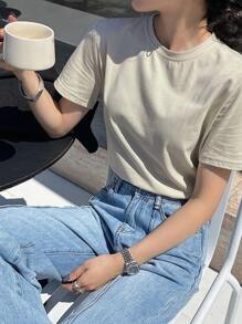 DAZY Solid Color Round Neck Casual Short Sleeve T-Shirt Sheer - Apricot - View 7