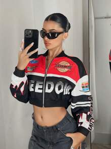 SHEIN ICON Chaqueta tipo bomber corta con gráfico de letras y bloques de color en los hombros para otoño/invierno - Multicolor - Ver 5