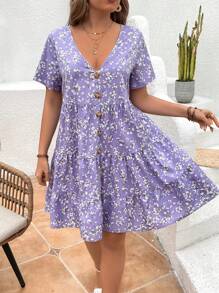 SHEIN VCAY Plus Size Women's V-Neck Front Button Decor Short Sleeve Dress, Suitable For Summer Holiday And Casual Wear - Mauve Purple - View 1