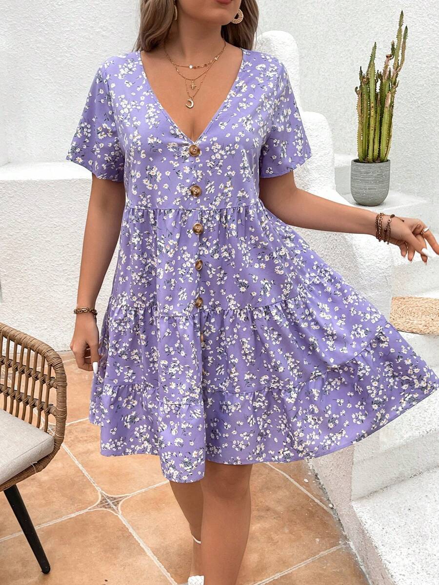 SHEIN VCAY Plus Size Women's V-Neck Front Button Decor Short Sleeve Dress, Suitable For Summer Holiday And Casual Wear - Mauve Purple - View 1