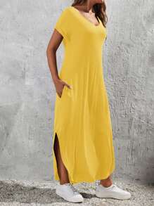EMERY ROSE Solid Color V-Neck Loose Fit Dress With Arch Hemline - Yellow - View 4