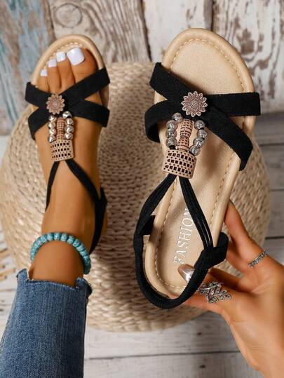 Women's Vacation Summer Sandaler med platt pärlband, Fashionabla, Sommar, Retro, Bohemian, Svart