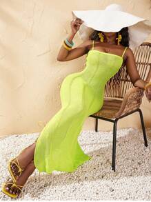 Zolique Women's Fluorescent Green Bodycon Sweater Dress With Side Slits And Spaghetti Straps - Green - View 1