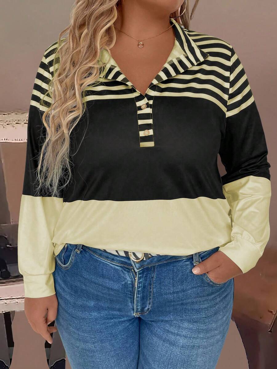 EMERY ROSE Men's Plus Size Casual Striped Button Design Half Placket Long Sleeve T-Shirt - Yellow - View 1