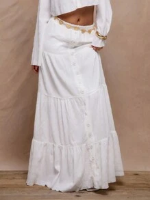 MUSERA Textured Woven Tiered Maxi Skirt Boho Summer Cute Party Bridal Hen Do Bachelorette - White - View 3