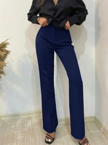 EURMUSE Pantalones Acampanados De Color Sólido Para Mujer - Azul Marino - Ver 3