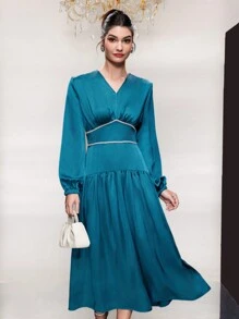 Modelyn Woven Belt Patchwork Lantern Sleeve Dress Long Evening Dresses - Navy Blue - View 1