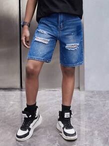 SHEIN Tween Boy Stylish Casual Color Block Ripped Loose Straight Leg Blue Denim Short With Throw Paint ,For Summer Tween Boy Outfits - Dark Wash - View 1