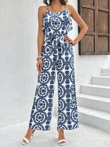 Breezaya 無袖細肩帶全印花連身褲（隨機剪裁圖案）