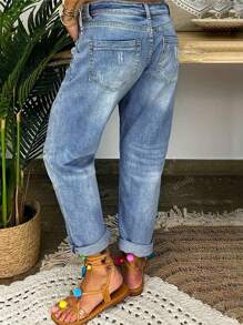 Single Breasted Distressed Rolled Hem Straight Leg Jeans