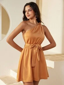 GENKIRA Women's One Shoulder Sleeveless Short Dress For Summer - Camel - View 7