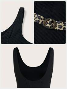 SHEIN Swim 女士一件式豹紋泳衣,適合夏季沙灘 - 黑色 - 查看 4