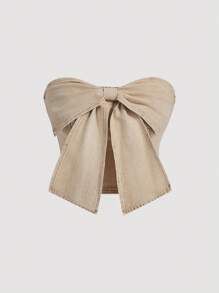 SHEIN MOD Women's Denim Strapless Top Vintage Sweetheart Neck With Bowknot Detail Elastic Cropped Khaki - Khaki - View 1
