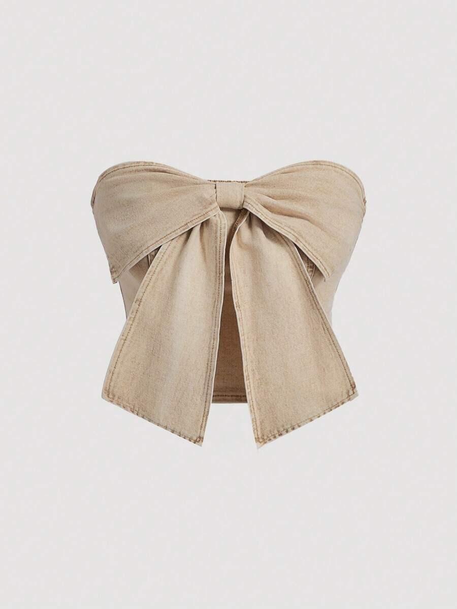SHEIN MOD Women's Denim Strapless Top Vintage Sweetheart Neck With Bowknot Detail Elastic Cropped Khaki - Khaki - View 1