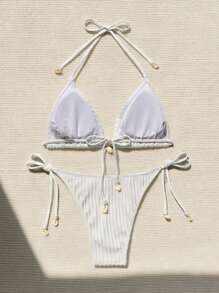 SHEIN Swim Conjunto de bikini separado de unicolor con cuello de halter para mujer, para playa de verano
