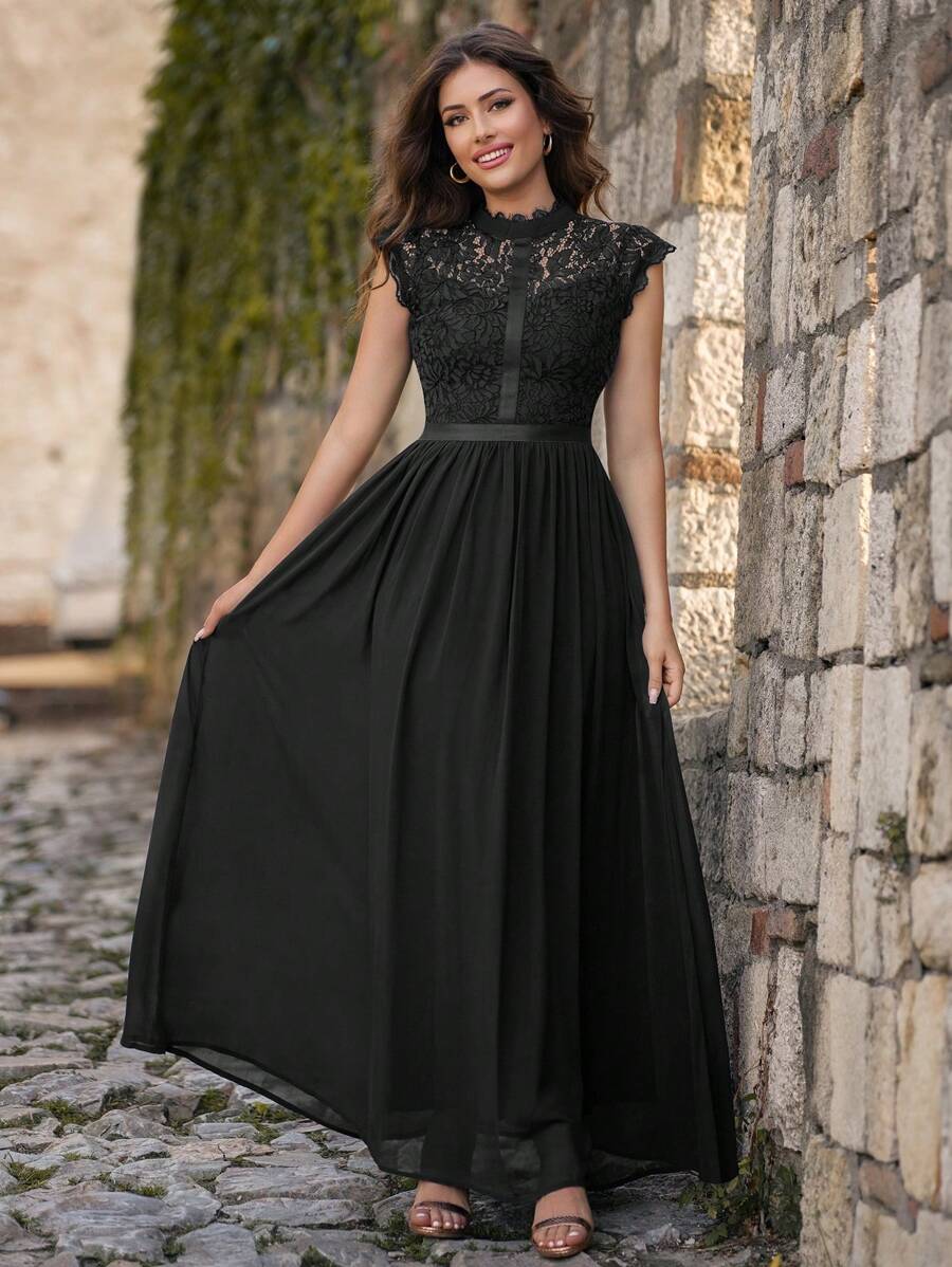 MIUSOL 高领花卉蕾丝扇贝边雪纺正式派对长裙，女士优雅派对礼服，正式晚礼服，舞会礼服，适合婚礼嘉宾、毕业典礼、晚宴