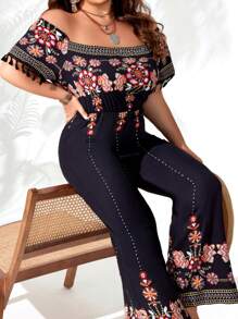 Breezaya Plus Size Floral Printed Fringe Trimmed Off Shoulder Jumpsuit With Tassel Decoration - Black - View 5