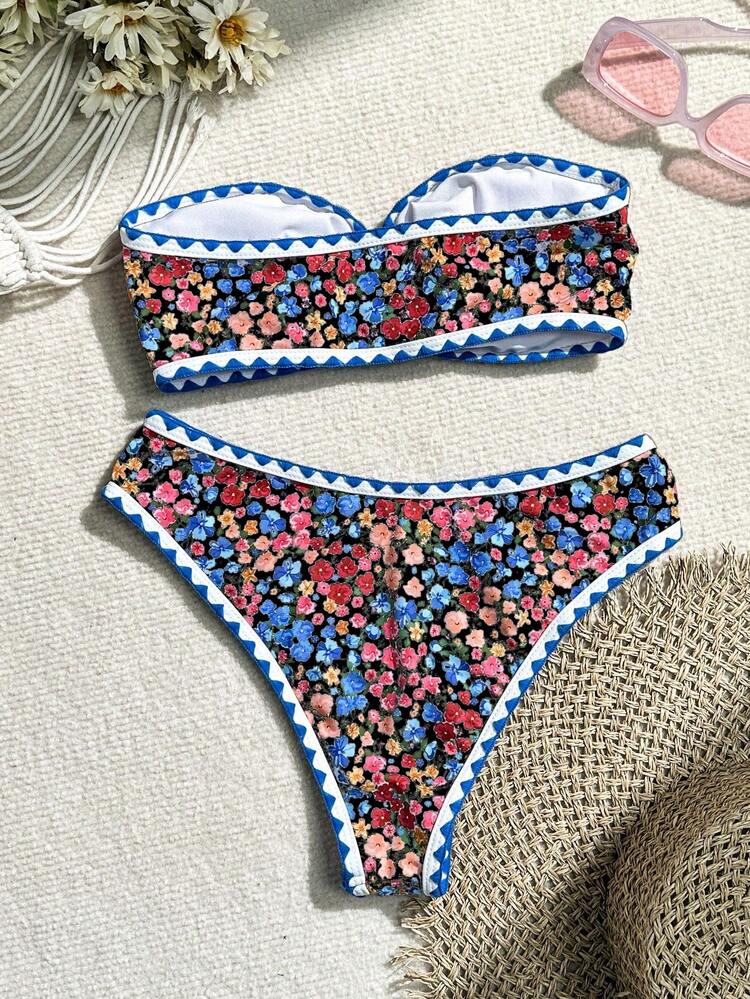 Summer Ditsy Floral Bandeau Bikini Set With Triangle Bottom