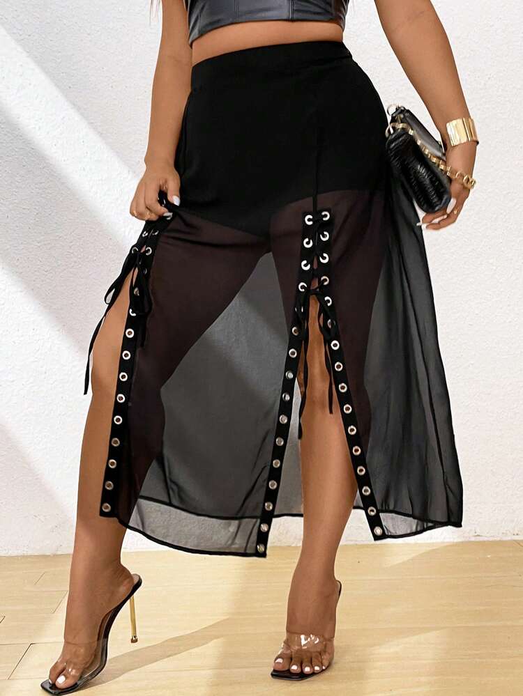 Plus Size Metal Ring Tie Casual A-Line Skirt, Suitable For Daily Wear