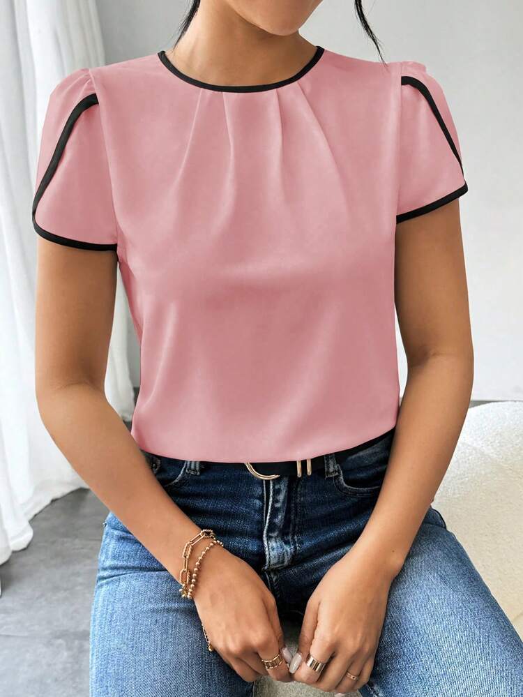 SHEIN LUNE 女性圓領顏色阻塊修飾休閒短袖襯衫 - 粉色 - 查看 4