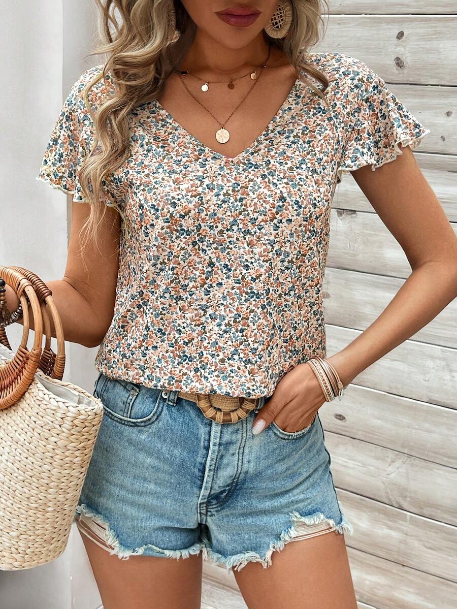 SHEIN Frenchy Blouse À Volants Avec Ourlet À Lien À L'arrière Spliced En Dentelle Pour Impression Florale Romantique - Multicolore - Voir 1