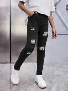 SHEIN Jeans blancos de alta elasticidad con parches y rasgaduras de moda para uso diario en verano para niños preadolescentes