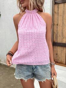 SHEIN VCAY Blouse D'été Sans Manches Pour Femmes Avec Col Halter Et Imprimé À Carreaux - Prune - Voir 4