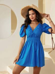 GENKIRA Vestido azul para mujer con cuello en V elástico, mangas cortas abullonadas con cintura fruncida y línea A - Azul - Ver 3