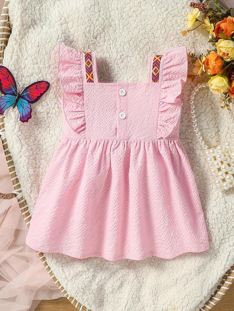 Baby Girls' Ribbon Bow Casual And Cute Ruffled Sleeve Dress, Suitable For Summer