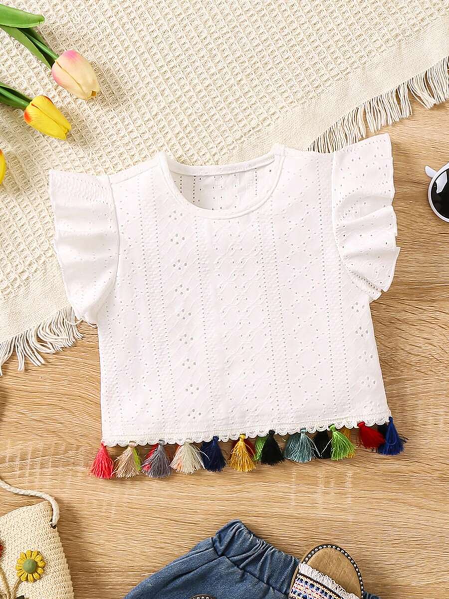 SHEIN 年輕女孩素色圓領荷葉邊短袖T卹，帶流蘇，適合夏季穿著 - 白色 - 查看 1