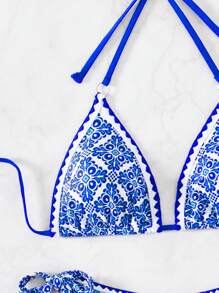 SHEIN Swim Halter Neck Bikini Set With Printed Pattern, Suitable For Summer Beach & Pool - Royal Blue - View 7