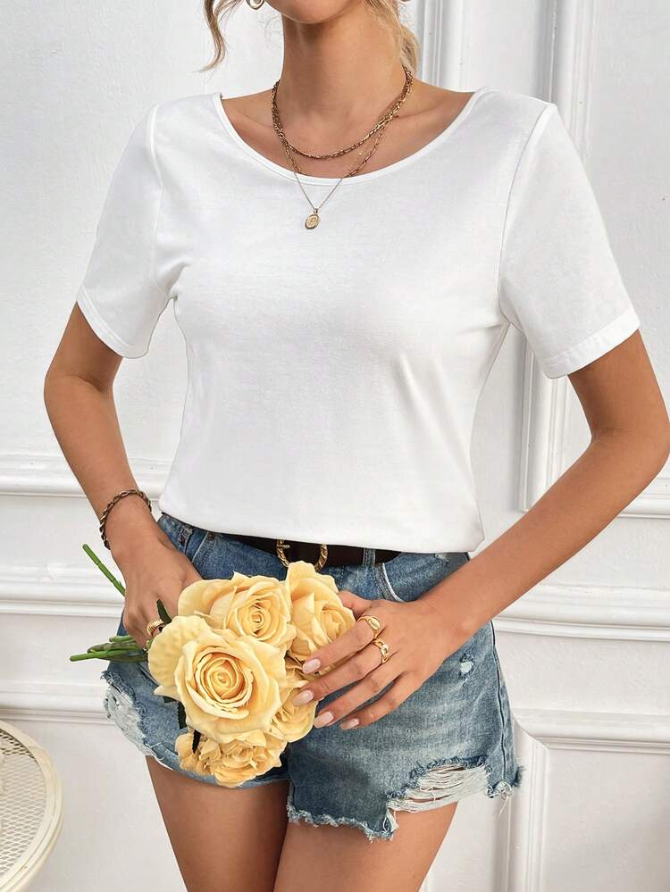 2pcs Pack Back Lace Short Sleeve Tee Set, Summer White&Black Top 2pcs Pack Set, Buy 1 Get 1 Free Casual