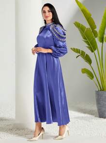 Modelyn 女士阿拉伯風格披肩領禮服,時尚百搭 - 藍色 - 查看 4