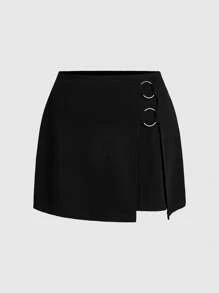 SHEIN Privé 大尺碼優雅A字裙，飾有金屬環，適合日常穿著、工作、約會和購物 - 黑色 - 查看 7