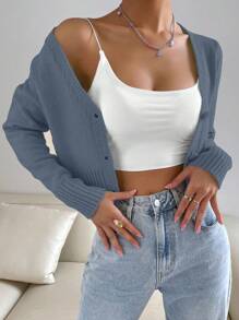 SHEIN Unity Màu Macron Tối giản Áo len Mở Với Mặt trước - Màu xanh bụi bặm - Xem 5