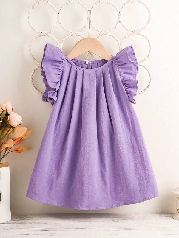 SHEIN Baby Girl Solid Color Ruffled Hem Decorated Dress
