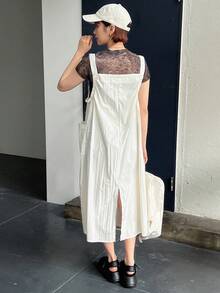 FRIFUL Solid Color Patchwork Pocket Strap Dress - White - View 4