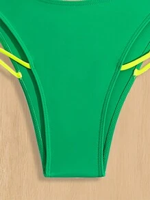 SHEIN Swim 女款運動風格巴西國旗元素印花半袖水手背心泳裝套裝，夏季沙灘 - 綠色 - 查看 5