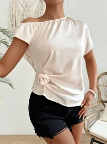 Chiquease 女士實色不對稱領短袖襯衫,夏季完美穿搭 - 杏色 - 查看 5