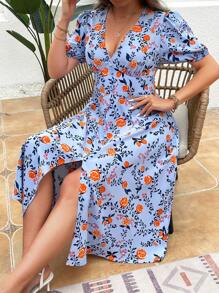 SHEIN VCAY 大尺碼假期氣泡袖深v領裙 - 彩色 - 查看 4