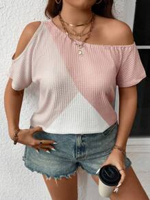 Calvaya Plus Size Women's Casual Asymmetric Collar Color Block T-Shirt Suitable For Summer