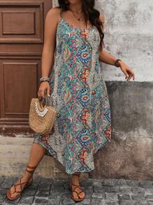 Breezaya Plus Size Women's Vacation Style Long Printed Sundress With Tassel Detail Maxi Women Outfit