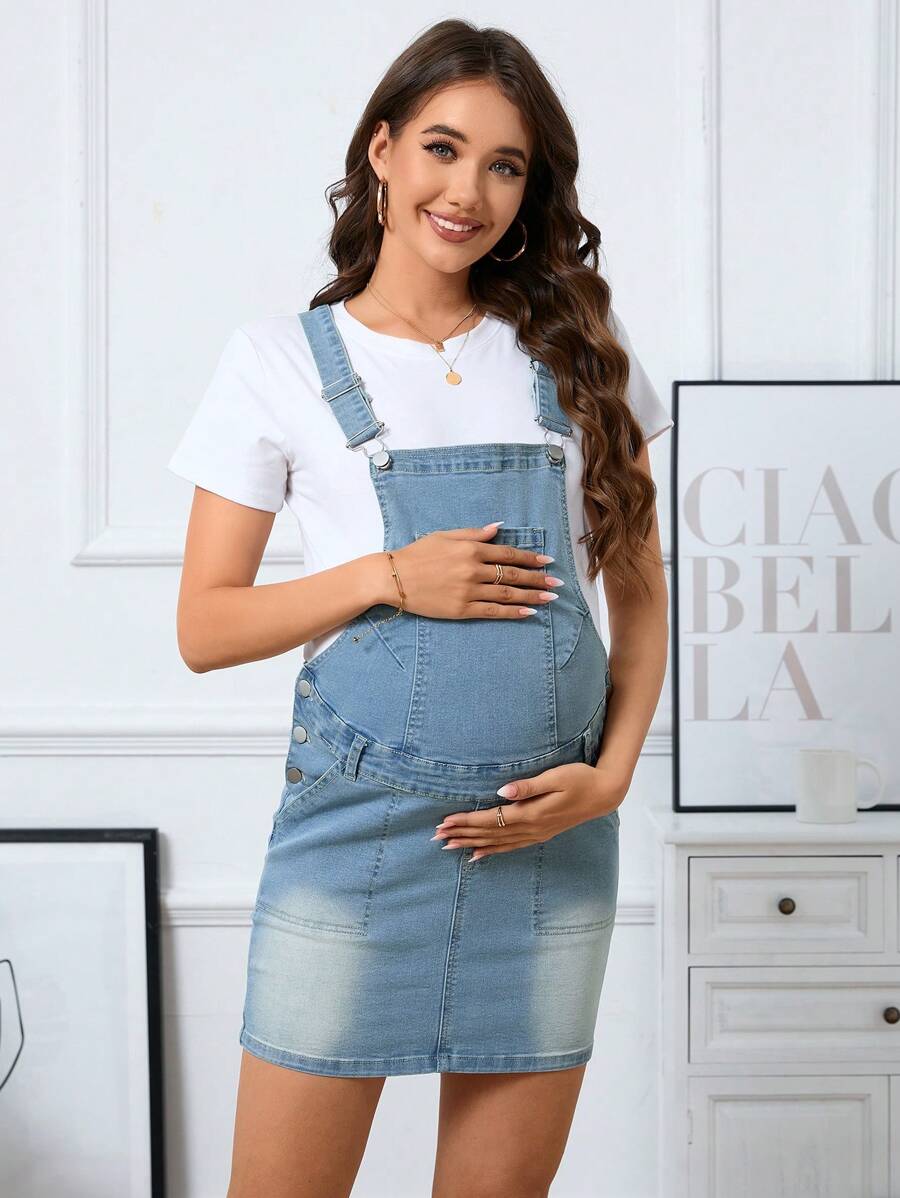 SHEIN Maternity Short Denim Overall Dress - Medium Wash - View 1
