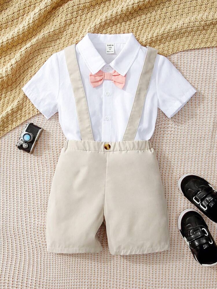 Young Boy' Preppy Style Short Sleeve Shirt And Suspenders Shorts Casual 2pcs/Set