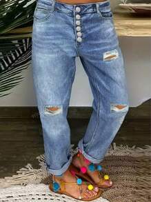 Single Breasted Distressed Rolled Hem Straight Leg Jeans